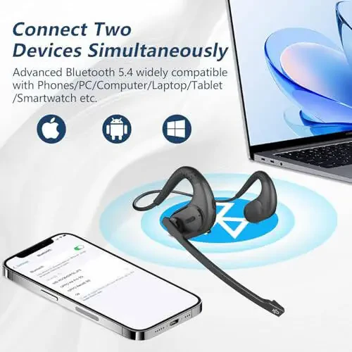 BANIGIPA Bluetooth Headset with Removable Microphone, Noise Cancelling Wireless Headset for Phones Laptop Computer PC, Open Ear Headphones for Office Meeting Running Cycling Driving Working-12 Hrs - 4