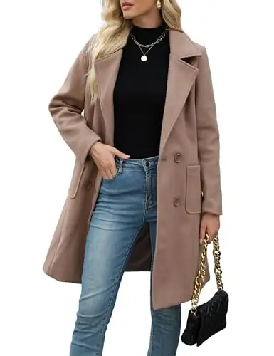 Bankeng Women Winter Wool Blend Camel Mid-Long Coat Notch Double-Breasted Lapel Jacket Outwear 