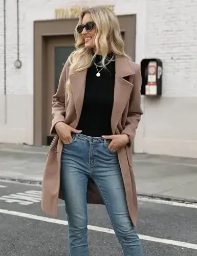 Bankeng Women Winter Wool Blend Camel Mid-Long Coat Notch Double-Breasted Lapel Jacket Outwear - 4