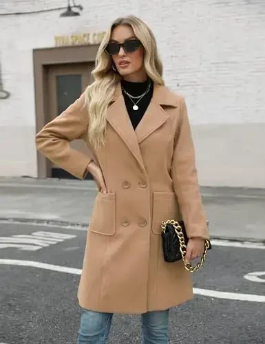 Bankeng Women Winter Wool Blend Camel Mid-Long Coat Notch Double-Breasted Lapel Jacket Outwear - 4
