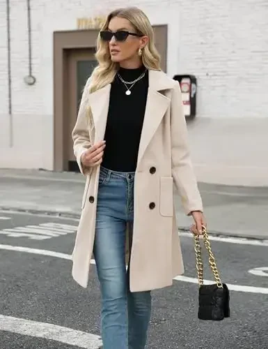 Bankeng Women Winter Wool Blend Camel Mid-Long Coat Notch Double-Breasted Lapel Jacket Outwear - 3