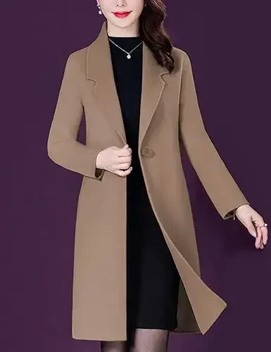Bankeng Women Winter Wool Blend Camel Mid-Long Coat Notch Double-Breasted Lapel Jacket Outwear - 2