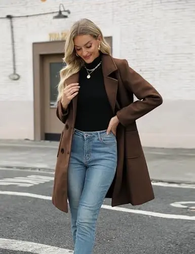 Bankeng Women Winter Wool Blend Camel Mid-Long Coat Notch Double-Breasted Lapel Jacket Outwear - 3