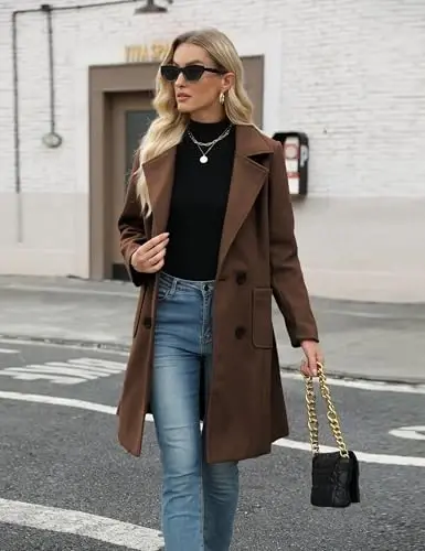 Bankeng Women Winter Wool Blend Camel Mid-Long Coat Notch Double-Breasted Lapel Jacket Outwear - 5