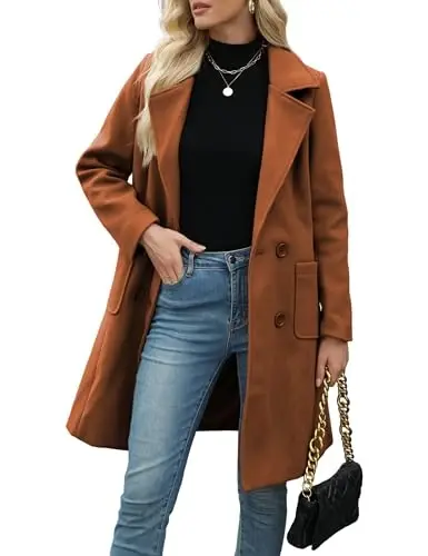 Bankeng Women Winter Wool Blend Camel Mid-Long Coat Notch Double-Breasted Lapel Jacket Outwear - 1