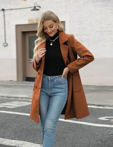 Bankeng Women Winter Wool Blend Camel Mid-Long Coat Notch Double-Breasted Lapel Jacket Outwear - 2