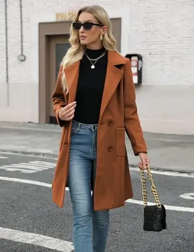 Bankeng Women Winter Wool Blend Camel Mid-Long Coat Notch Double-Breasted Lapel Jacket Outwear - 5
