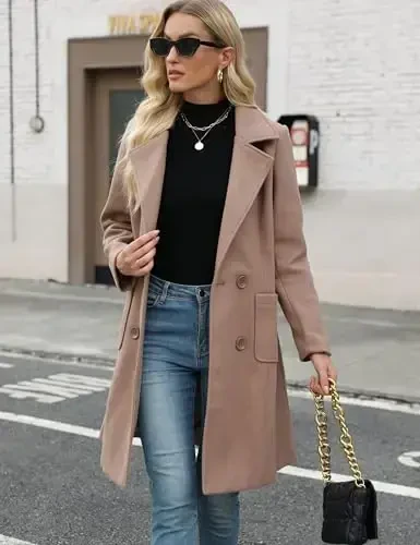 Bankeng Women Winter Wool Blend Camel Mid-Long Coat Notch Double-Breasted Lapel Jacket Outwear - 3