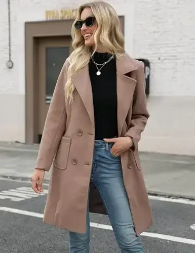 Bankeng Women Winter Wool Blend Camel Mid-Long Coat Notch Double-Breasted Lapel Jacket Outwear - 5