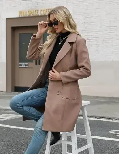 Bankeng Women Winter Wool Blend Camel Mid-Long Coat Notch Double-Breasted Lapel Jacket Outwear - 6