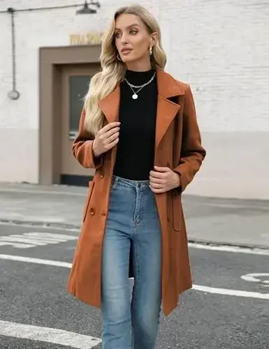 Bankeng Women Winter Wool Blend Camel Mid-Long Coat Notch Double-Breasted Lapel Jacket Outwear - 3