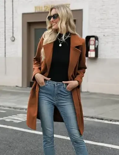 Bankeng Women Winter Wool Blend Camel Mid-Long Coat Notch Double-Breasted Lapel Jacket Outwear - 4