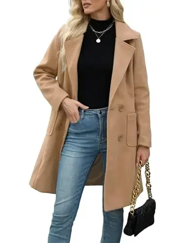 Bankeng Women Winter Wool Blend Camel Mid-Long Coat Notch Double-Breasted Lapel Jacket Outwear - 1
