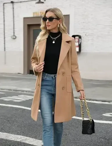 Bankeng Women Winter Wool Blend Camel Mid-Long Coat Notch Double-Breasted Lapel Jacket Outwear - 2