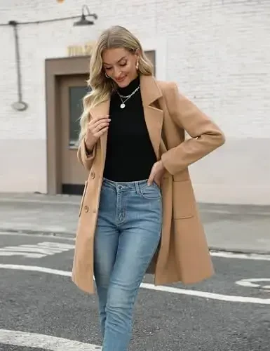 Bankeng Women Winter Wool Blend Camel Mid-Long Coat Notch Double-Breasted Lapel Jacket Outwear - 3