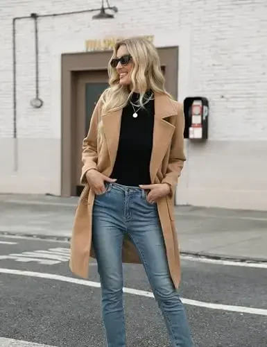 Bankeng Women Winter Wool Blend Camel Mid-Long Coat Notch Double-Breasted Lapel Jacket Outwear - 6