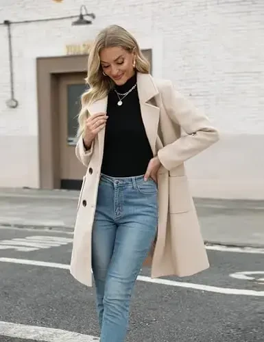 Bankeng Women Winter Wool Blend Camel Mid-Long Coat Notch Double-Breasted Lapel Jacket Outwear - 4