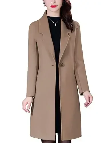 Bankeng Women Winter Wool Blend Camel Mid-Long Coat Notch Double-Breasted Lapel Jacket Outwear - 1