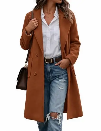 Bankeng Women Winter Wool Blend Camel Mid-Long Coat Notch Double-Breasted Lapel Jacket Outwear - 1
