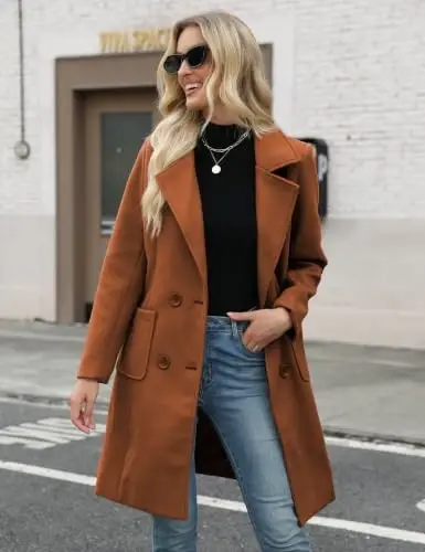 Bankeng Women Winter Wool Blend Camel Mid-Long Coat Notch Double-Breasted Lapel Jacket Outwear - 2