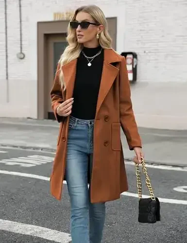 Bankeng Women Winter Wool Blend Camel Oʻrta uzunlikdagi palto Notikli ikki qatorli yoqali kurtka ustki kiyim - 5