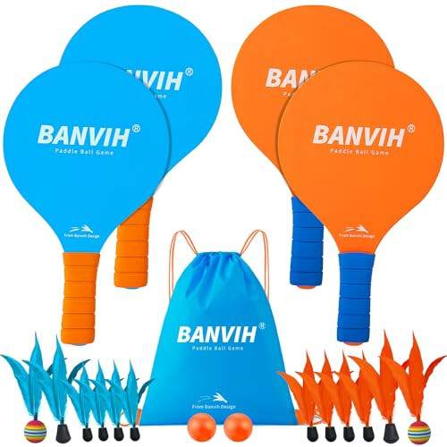 Banvih Badminton to'plami 4 raketka, Paddle Ball ochiq havoda o'yinlari sport o'yinchoqlari, plyaj, hovli, maysazor, lager o'yinlari zaruriy buyumlari, bolalar, o'spirinlar, kattalar va oila uchun - 1