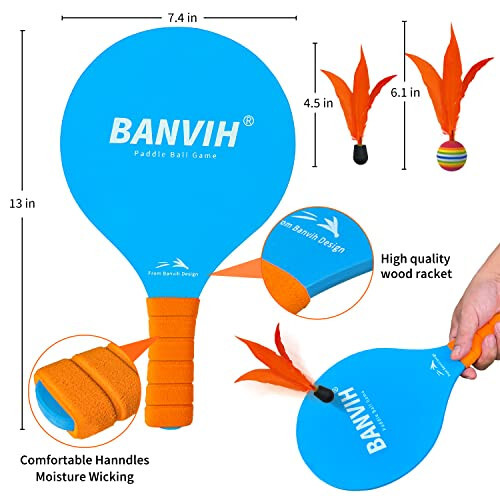 Banvih Badminton to'plami 4 raketka, Paddle Ball ochiq havoda o'yinlari sport o'yinchoqlari, plyaj, hovli, maysazor, lager o'yinlari zaruriy buyumlari, bolalar, o'spirinlar, kattalar va oila uchun - 3