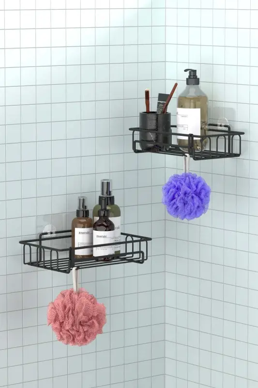 Banyo Düzenleyici Şampuanlık Banyo Duş Rafı 2 Adet Banyo Rafı Mat Siyah ST242H - Mat Siyah - 2
