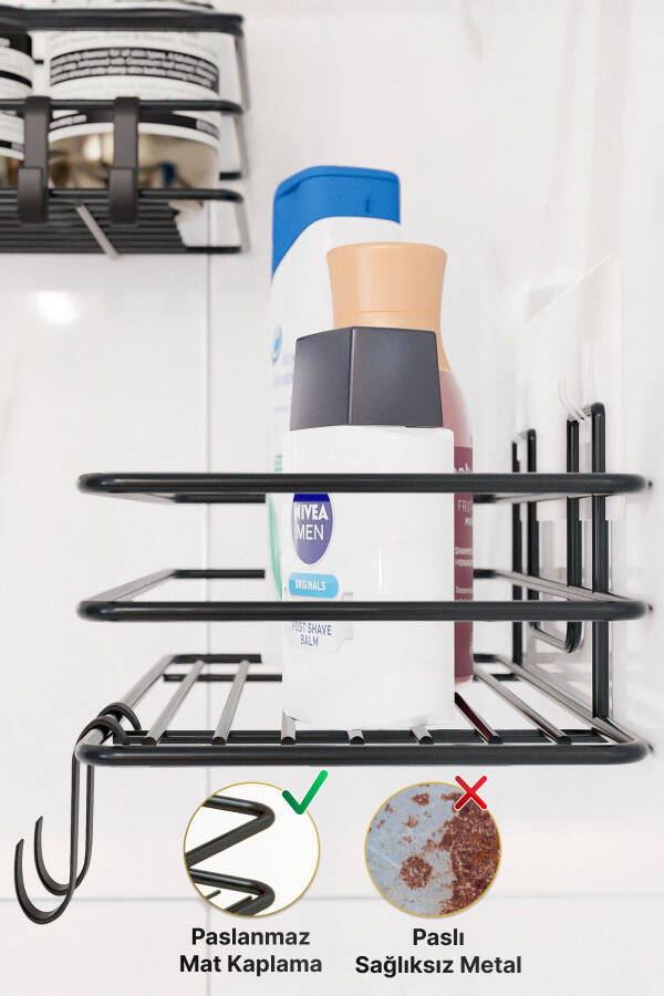 Banyo Düzenleyici Şampuanlık Sabunluk 1 ADET Lüks Metal Yapışkanlı 2 Askılı Duş Rafı Organizer - SİYAH - 4