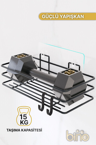 Banyo Düzenleyici Şampuanlık Sabunluk 1 ADET Lüks Metal Yapışkanlı 2 Askılı Duş Rafı Organizer - SİYAH - 5