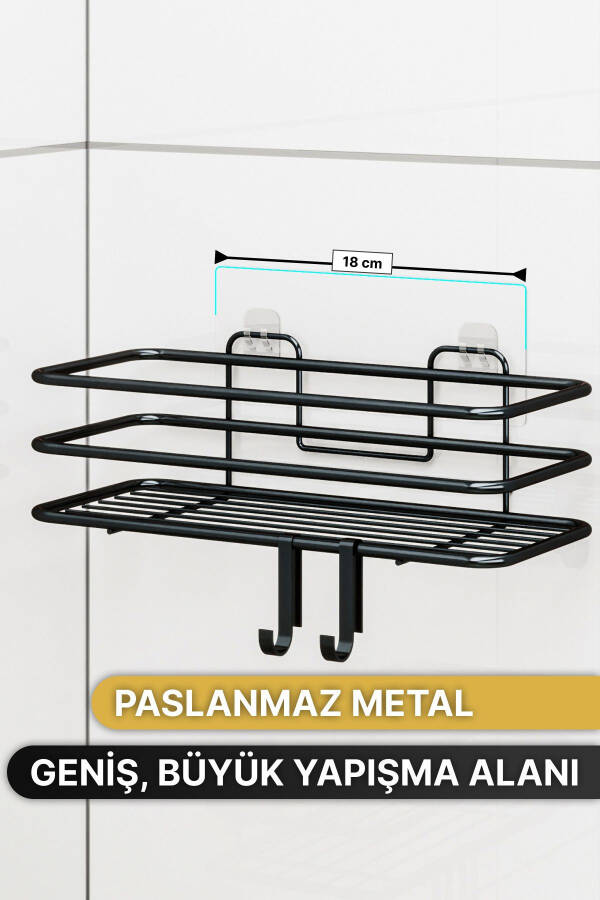 Banyo Düzenleyici Şampuanlık Sabunluk 1 ADET Lüks Metal Yapışkanlı 2 Askılı Duş Rafı Organizer - SİYAH - 6