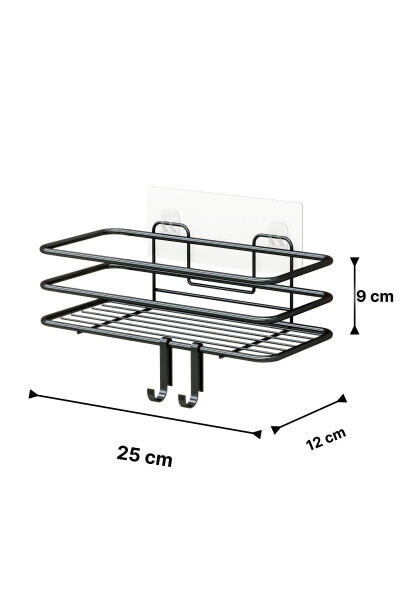 Banyo Düzenleyici Şampuanlık Sabunluk 1 ADET Lüks Metal Yapışkanlı 2 Askılı Duş Rafı Organizer - SİYAH - 7