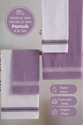 Banyo El Havlusu Seti 4 Lü Lila -Beyaz Elvin – Yumuşak Doku (70X140X2 /50X90CMX2)-LİLA - 3