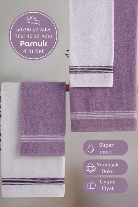 Banyo El Havlusu Seti 4 Lü Lila -Beyaz Elvin – Yumuşak Doku (70X140X2 /50X90CMX2)-LİLA - 3