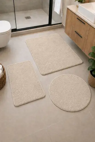Banyo Halısı Peluş Post Halı Klozet Takımı Büyük 60x100/60x60/40x60 Bej - Bej - 1