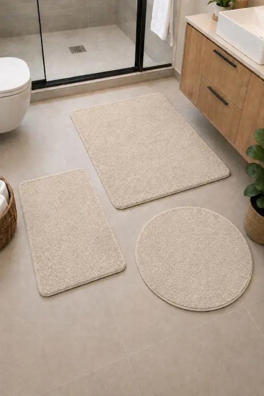 Banyo Halısı Peluş Post Halı Klozet Takımı Büyük 60x100/60x60/40x60 Bej - Bej - BÜNYAN HALI
