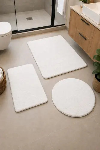 Banyo Halısı Peluş Post Halı Klozet Takımı Büyük 60x100/60x60/40x60 Beyaz - Beyaz - 1