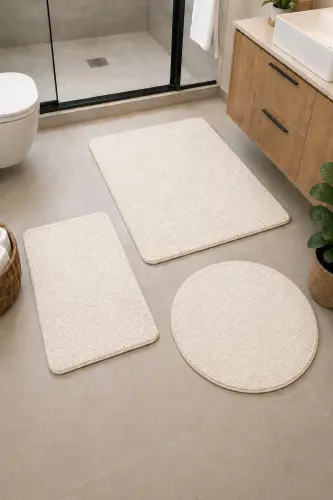 Banyo Halısı Peluş Post Halı Klozet Takımı Büyük 60x100/60x60/40x60 Krem - Krem - 1