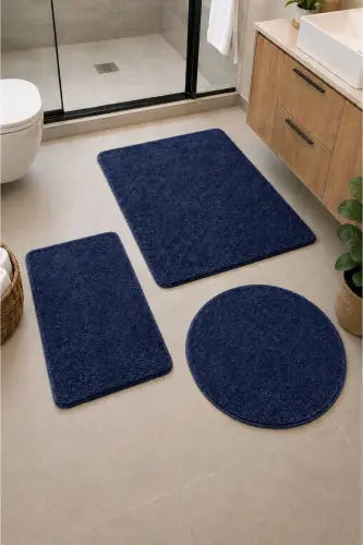 Banyo Halısı Peluş Post Halı Klozet Takımı Büyük 60x100/60x60/40x60 Lacivert - Lacivert - 1
