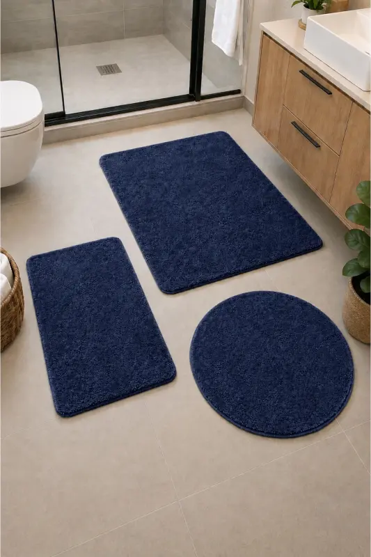 Banyo Halısı Peluş Post Halı Klozet Takımı Büyük 60x100/60x60/40x60 Lacivert - Lacivert - 1