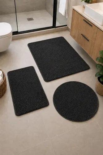 Banyo Halısı Peluş Post Halı Klozet Takımı Büyük 60x100/60x60/40x60 Siyah - Siyah - 1