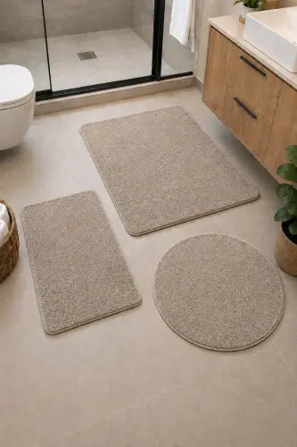 Banyo Halısı Peluş Post Halı Klozet Takımı Büyük 60x100/60x60/40x60 Vizon - Vizon - 1