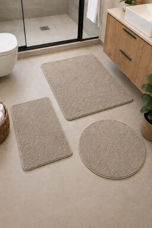 Banyo Halısı Peluş Post Halı Klozet Takımı Büyük 60x100/60x60/40x60 Vizon - Vizon - 1