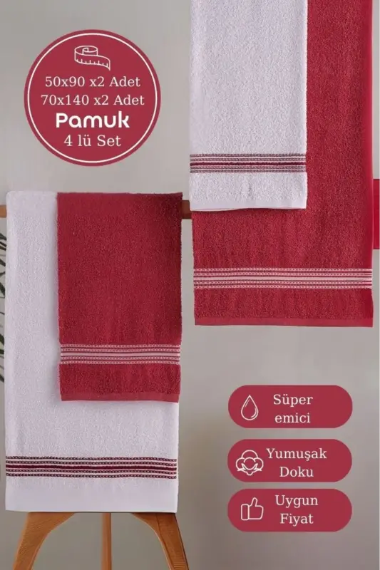 Banyo El Havlusu Seti 4 Lü Kırmızı -Beyaz Elvin – Yumuşak Doku (70X140X2 /50X90CMX2)-BORDO - 7