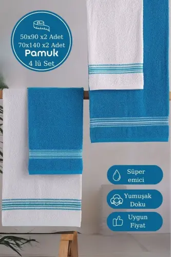 Banyo El Havlusu Seti 4 Lü Turkuvaz-Beyaz Elvin – Yumuşak Doku (70X140X2 /50X90CMX2)-TURKUAZ - 1