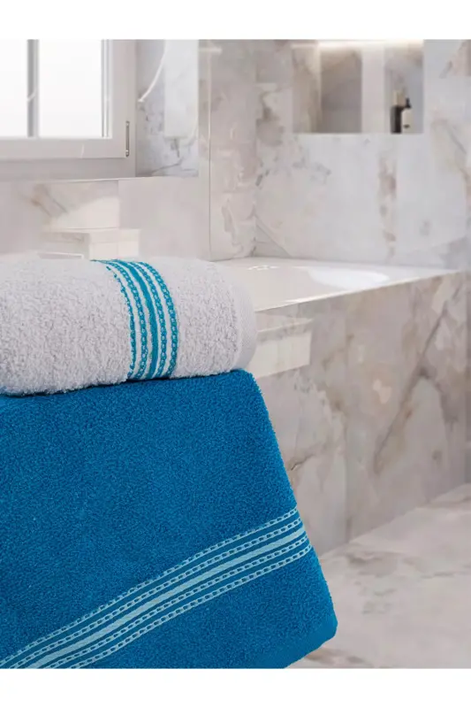 Banyo El Havlusu Seti 4 Lü Turkuvaz-Beyaz Elvin – Yumuşak Doku (70X140X2 /50X90CMX2)-TURKUAZ - 3