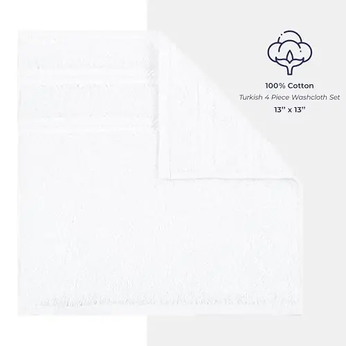 American Soft Linen Luxury Washcloths for Bathroom, 600 GSM 100% Cotton 4 Piece Turkish Wash Cloth Set, 13x13 in Soft Rags for Body and Face, White Washcloths - 4