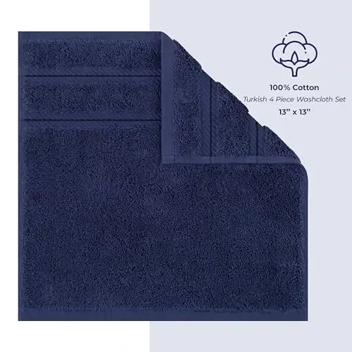 American Soft Linen Luxury Washcloths for Bathroom, 600 GSM 100% Cotton 4 Piece Turkish Wash Cloth Set, 13x13 in Soft Rags for Body and Face, Navy Blue Washcloths - 4