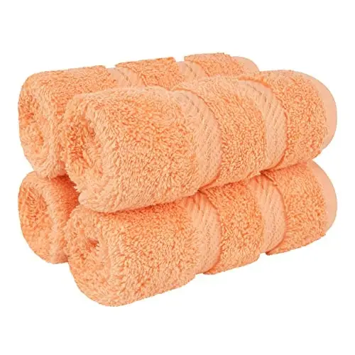 American Soft Linen Luxury Washcloths for Bathroom, 600 GSM 100% Cotton 4 Piece Turkish Wash Cloth Set, 13x13 in Soft Rags for Body and Face, Peach Washcloths 