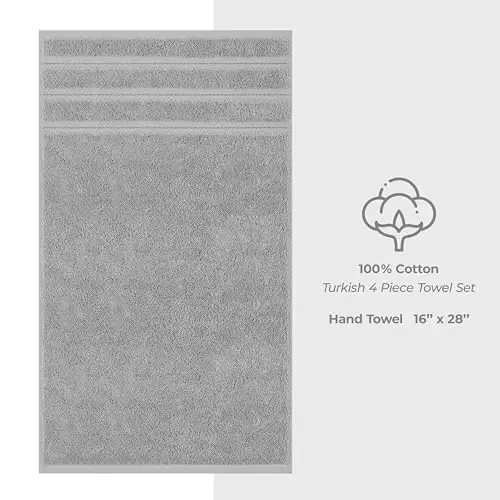 American Soft Linen Luxury Hand Towels for Bathroom, 600 GSM Heawy Weight 16x28 Size 100% Cotton Turkish 4 Piece Hand Face Towel Set, Light Grey Hand Towels - 4